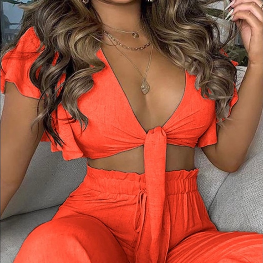Ruffled Trimmed Knotted Crop Top & High Waist pant - Picture 1 of 5